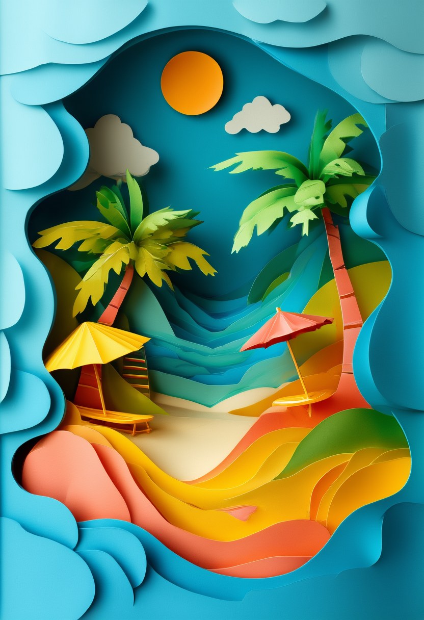Tropical Paradise Escape — Summer cut-paper-style greeting card