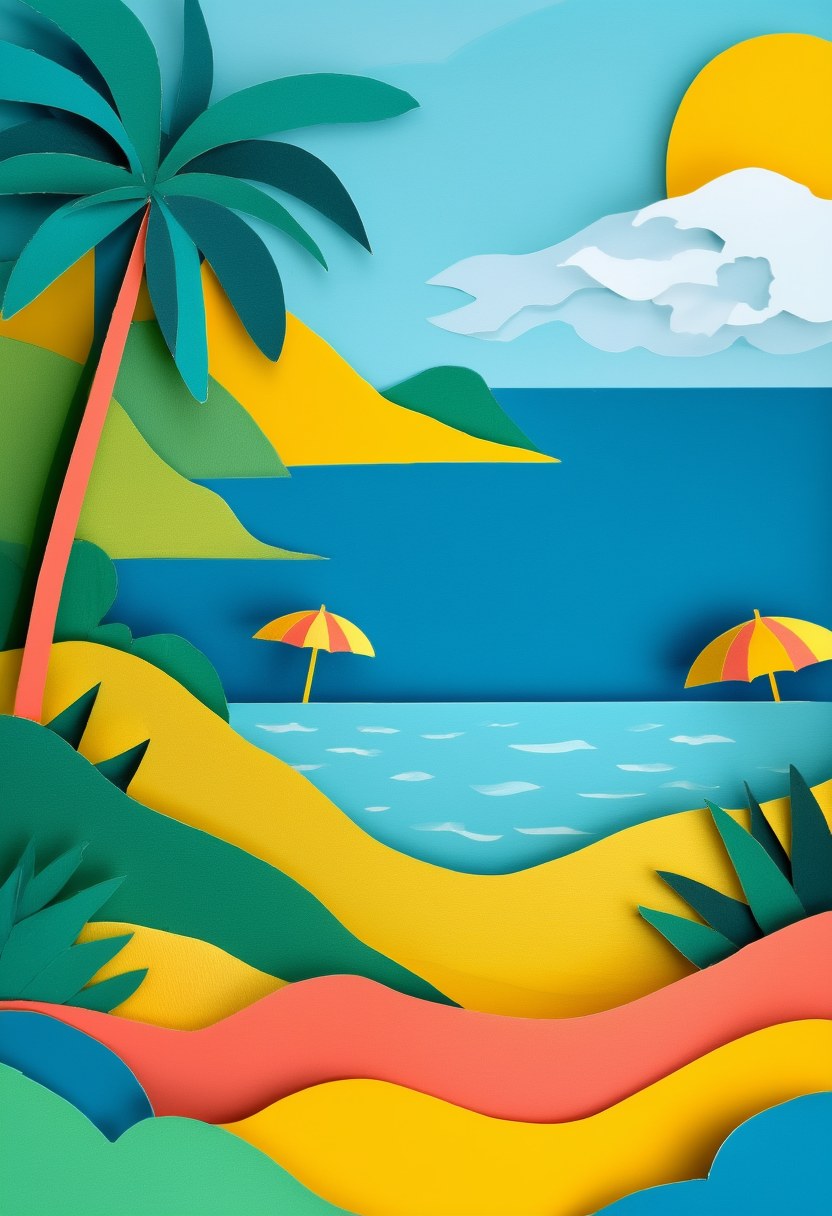 Tropical Shoreline Dreamscape — Summer cut-paper-style greeting card