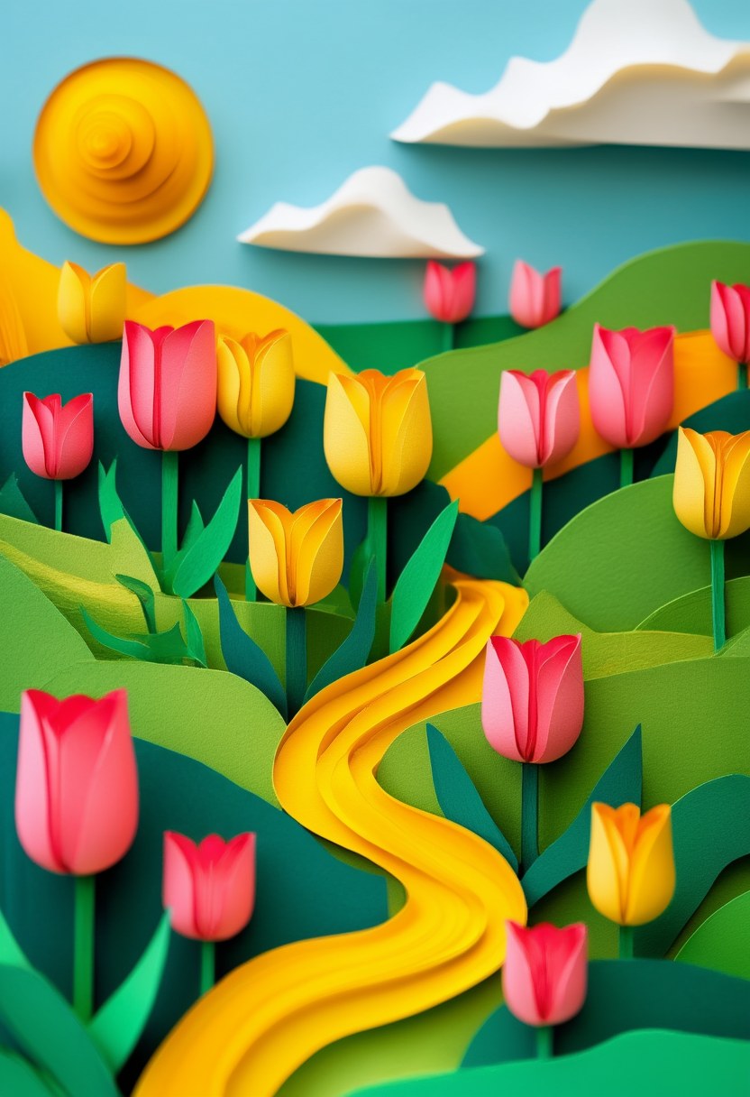 Tulip Meadow Pathway — Spring cut-paper-style greeting card