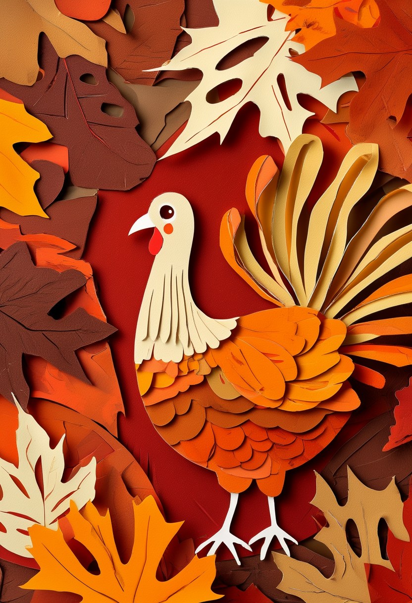 Turkey Among Autumn Leaves — Thanksgiving cut-paper-style greeting card