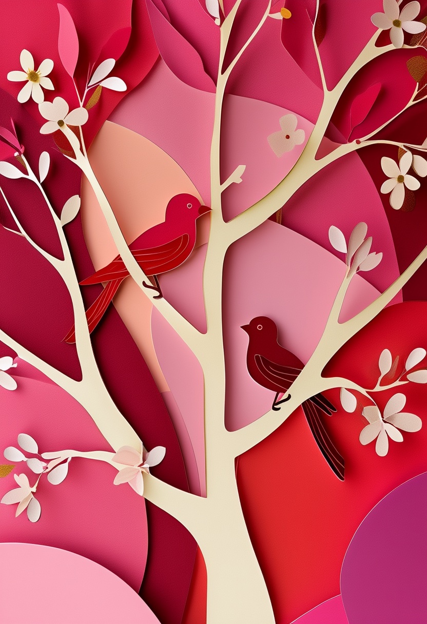 Valentine's Day Lovebirds in Blossoming Pink Tree — Valentine's Day cut-paper-style greeting card