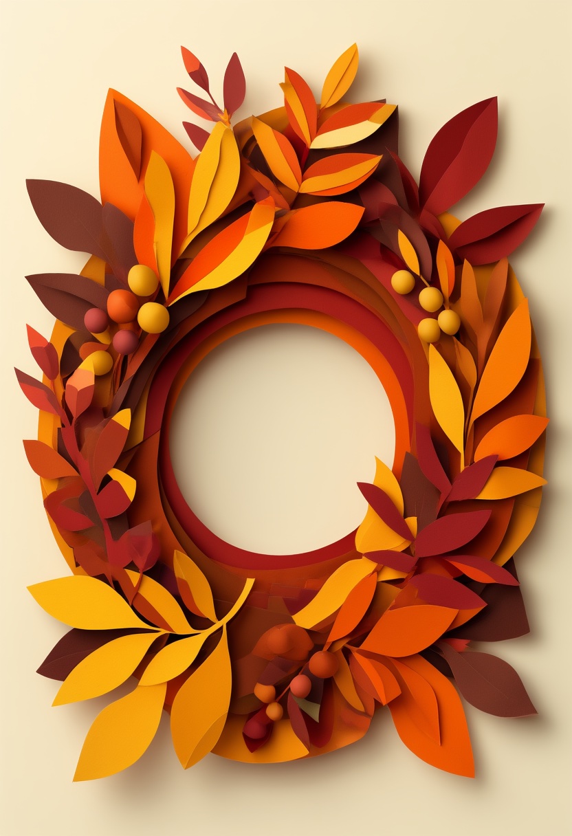 Vibrant Autumn Leaf Wreath — Thanksgiving cut-paper-style greeting card