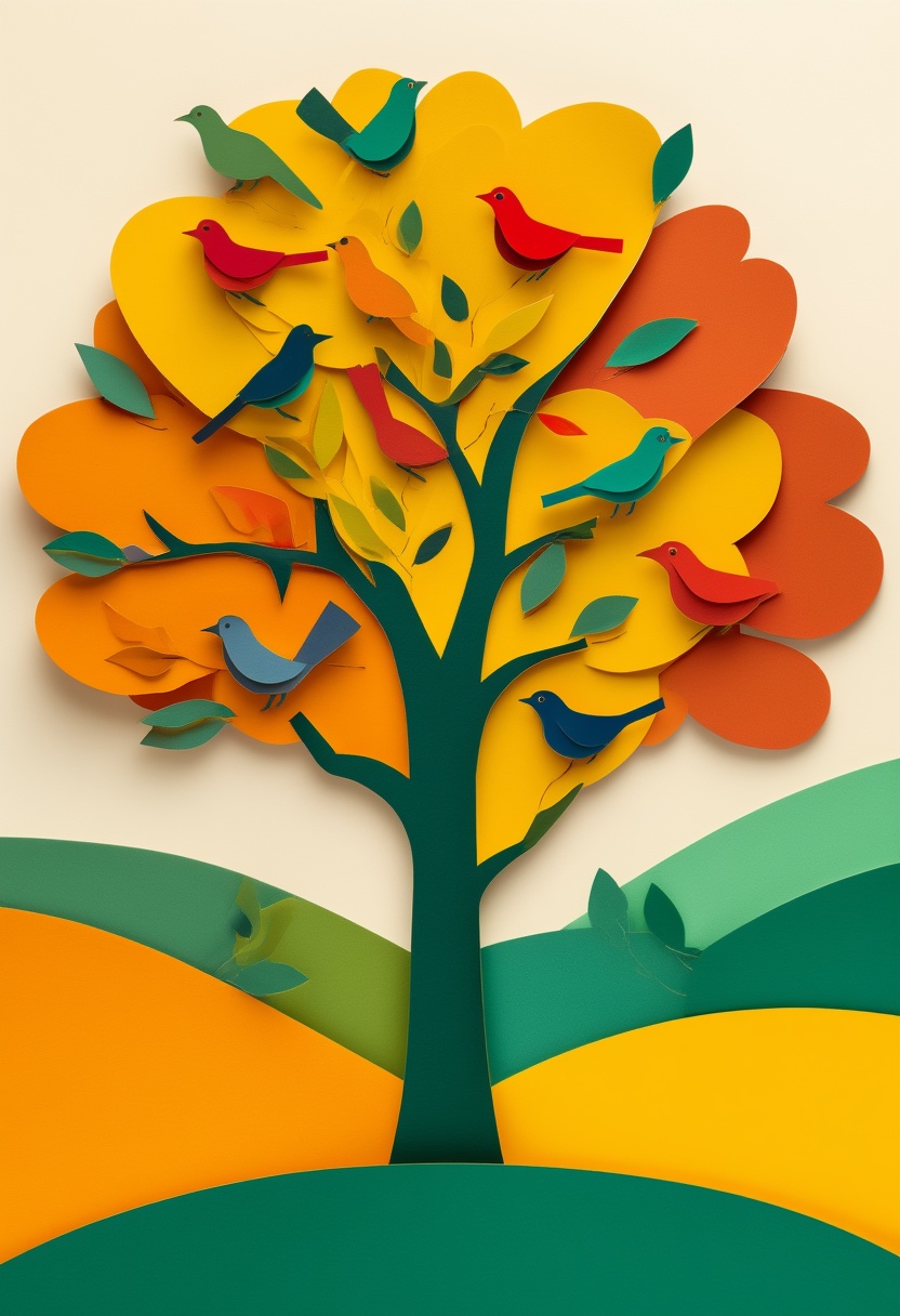 Vibrant Autumn Tree Reunion — Reunion cut-paper-style greeting card