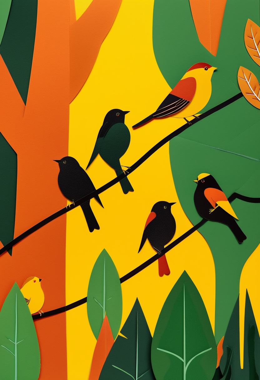 Vibrant Avian Gathering — Reunion cut-paper-style greeting card