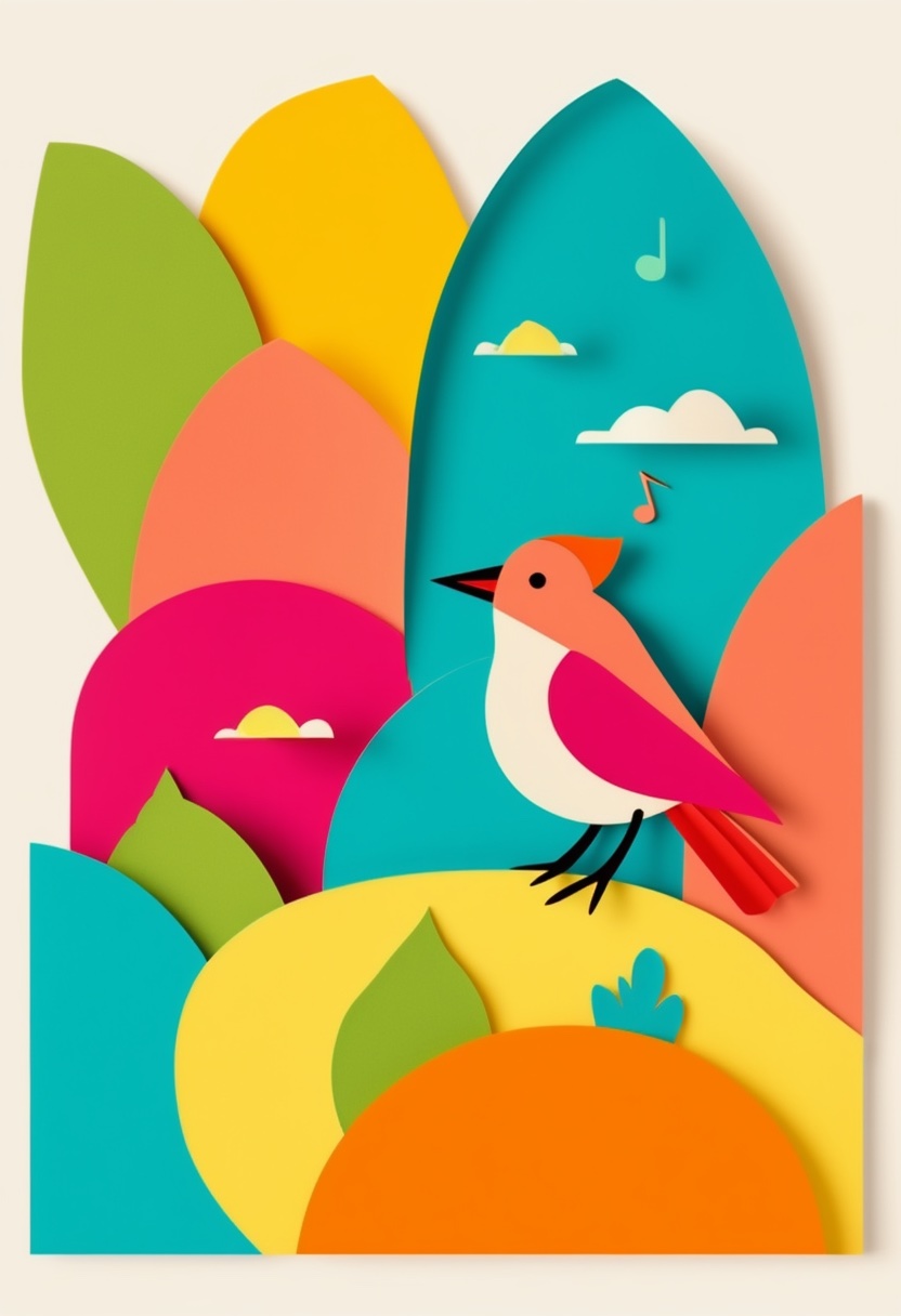 Vibrant Bird Melody Harmony — Fun cut-paper-style greeting card