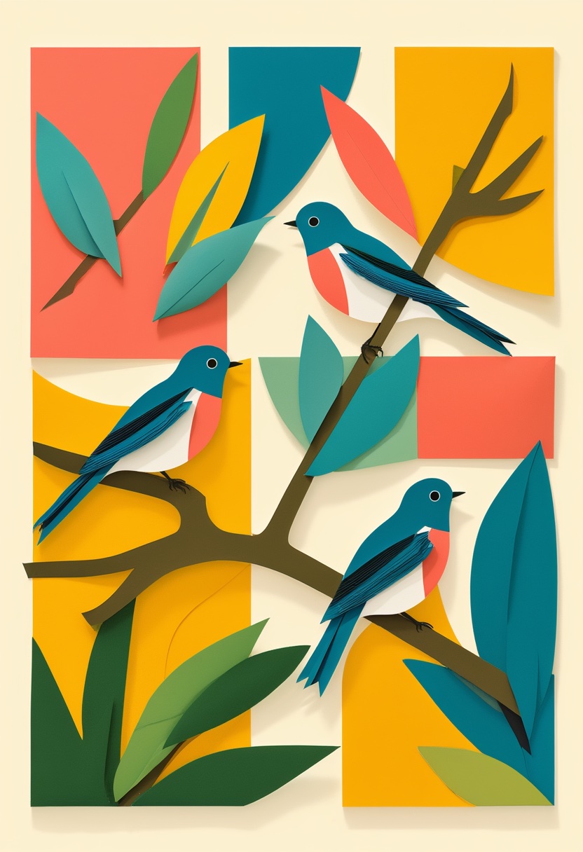 Vibrant Bluebirds on a Branch — Friendship cut-paper-style greeting card