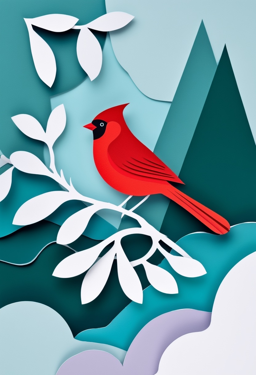Vibrant Cardinal on Snow-Laden Pine — Winter cut-paper-style greeting card