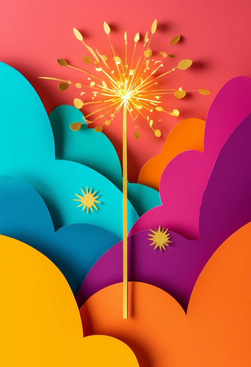 Vibrant Celestial Celebration — Celebration cut-paper-style greeting card