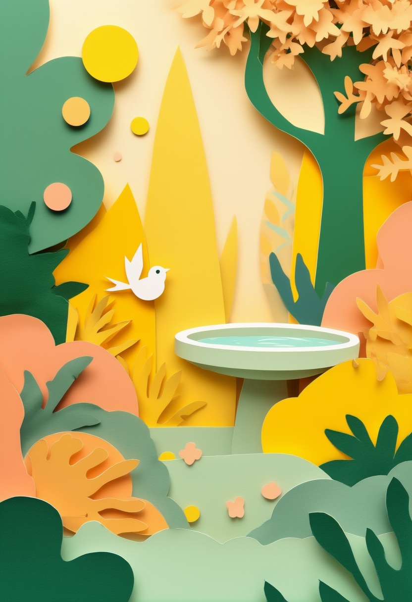 Vibrant Collage Bird Bath — Get Well cut-paper-style greeting card