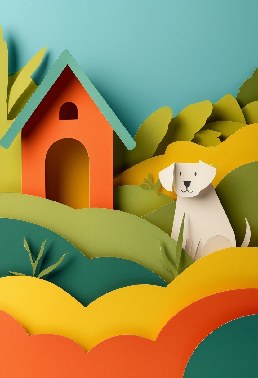 Vibrant Collage Canine Companion — New Home cut-paper-style greeting card