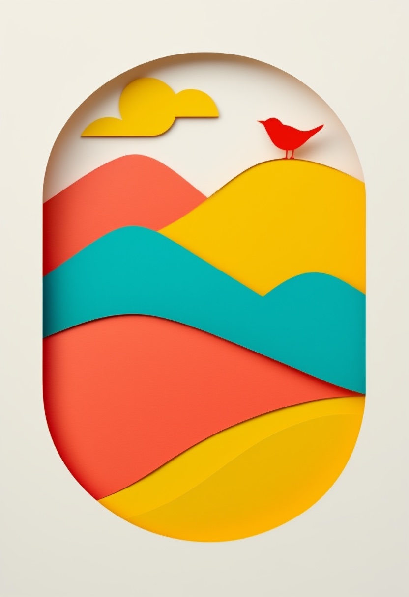 Vibrant Collage Mountains Bird — Hello cut-paper-style greeting card