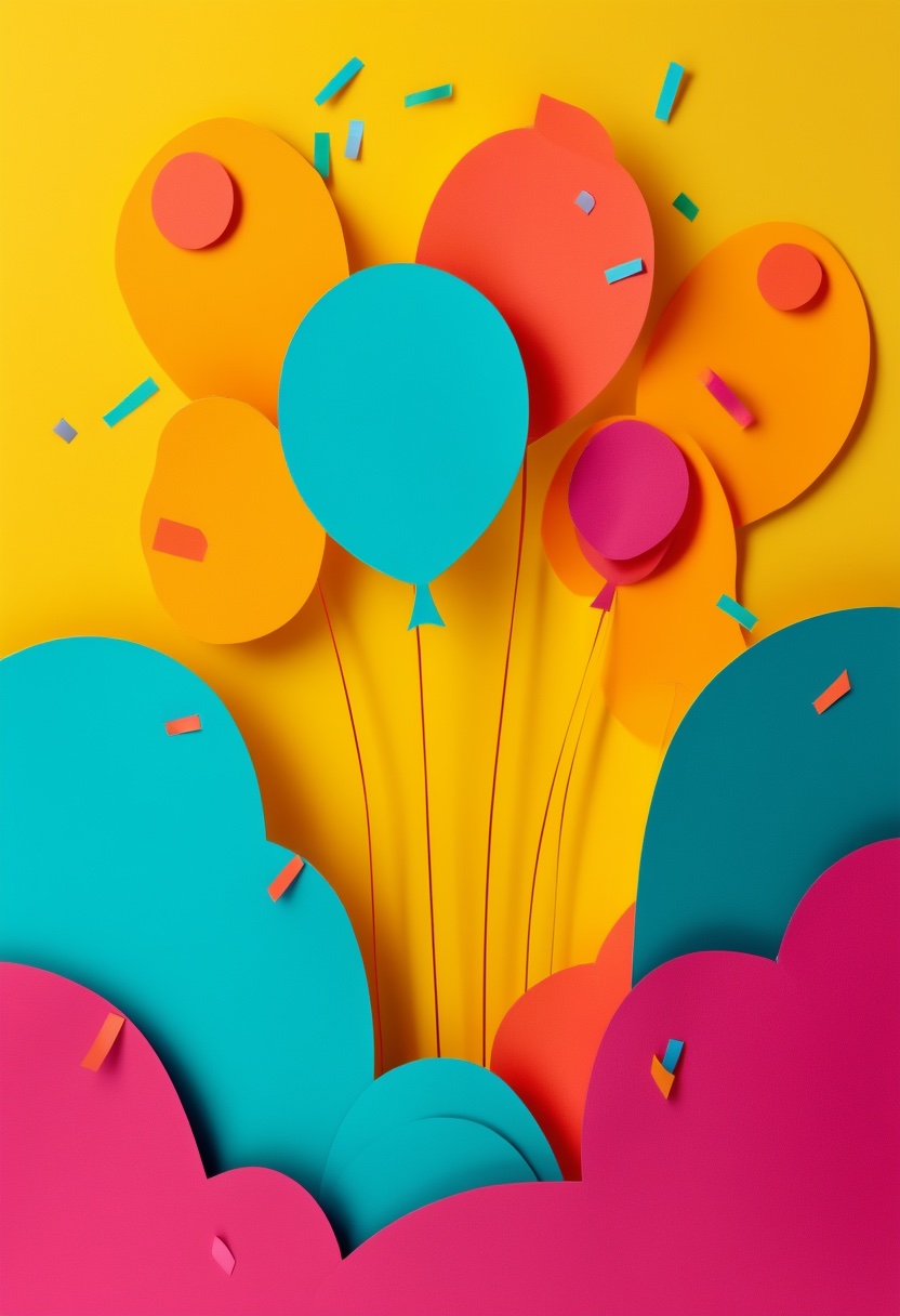 Vibrant Confetti Balloons — Congratulations cut-paper-style greeting card