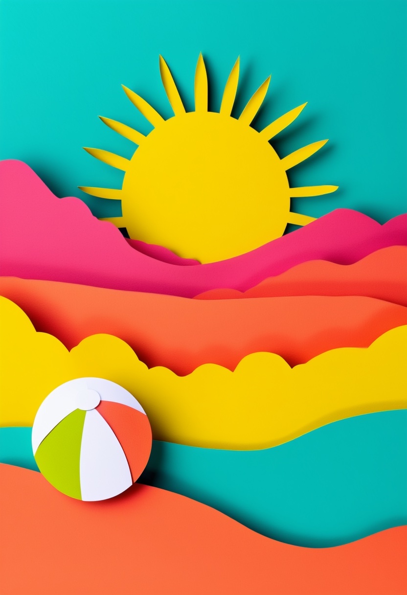 Vibrant Cut-Paper Beach Sunset — Fun cut-paper-style greeting card