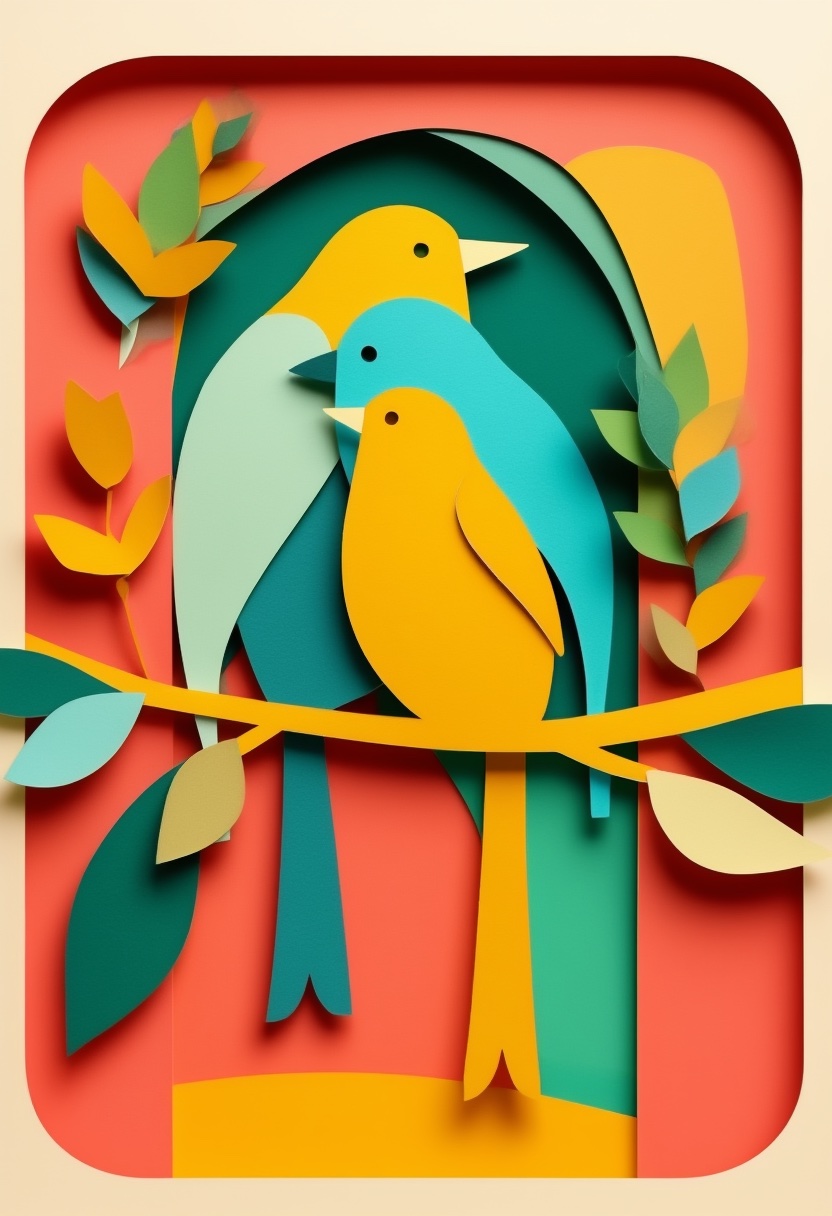 Vibrant Cut-Paper Birds Embrace — Friendship cut-paper-style greeting card