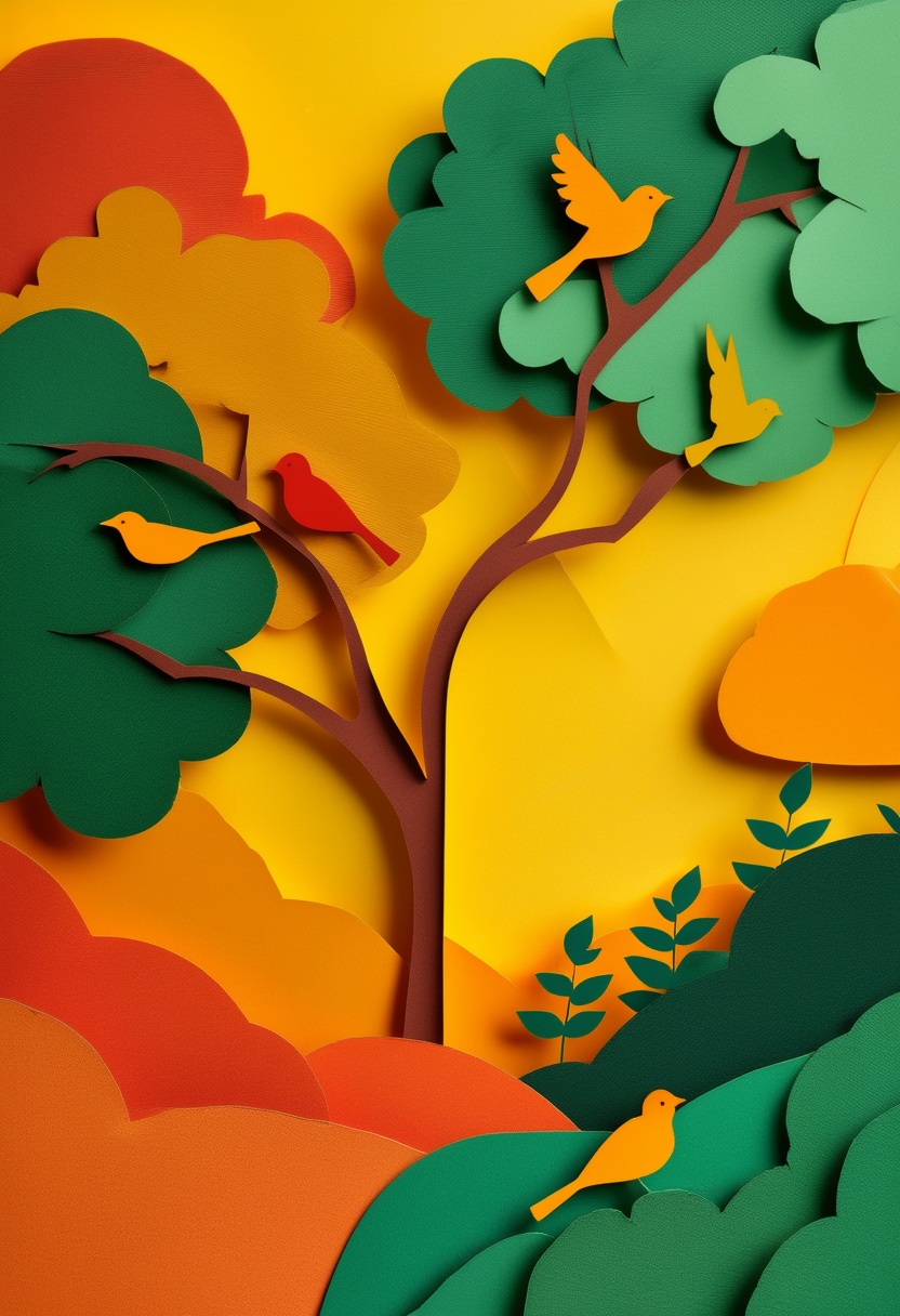 Vibrant Cut-Paper Birds in Autumn Grove — Reunion cut-paper-style greeting card