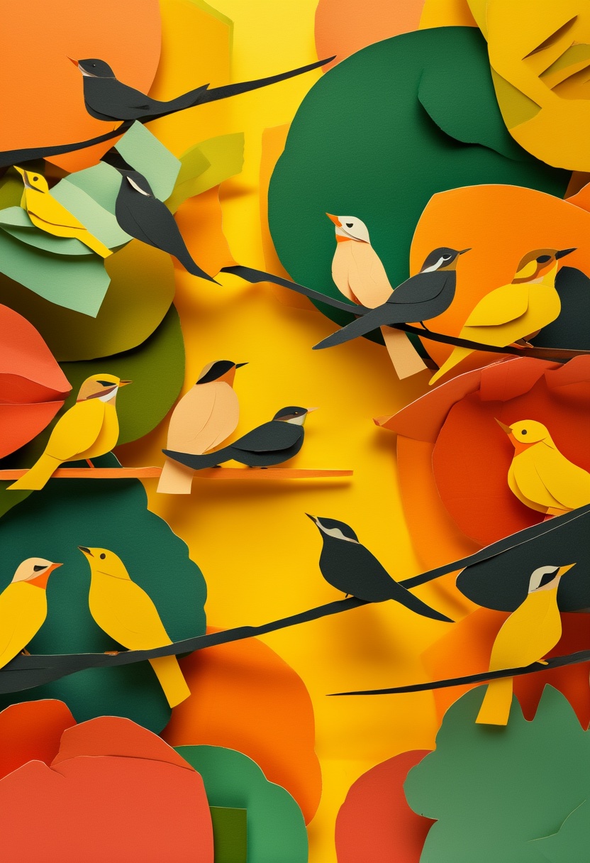 Vibrant Cut-Paper Birds Reunion — Reunion cut-paper-style greeting card