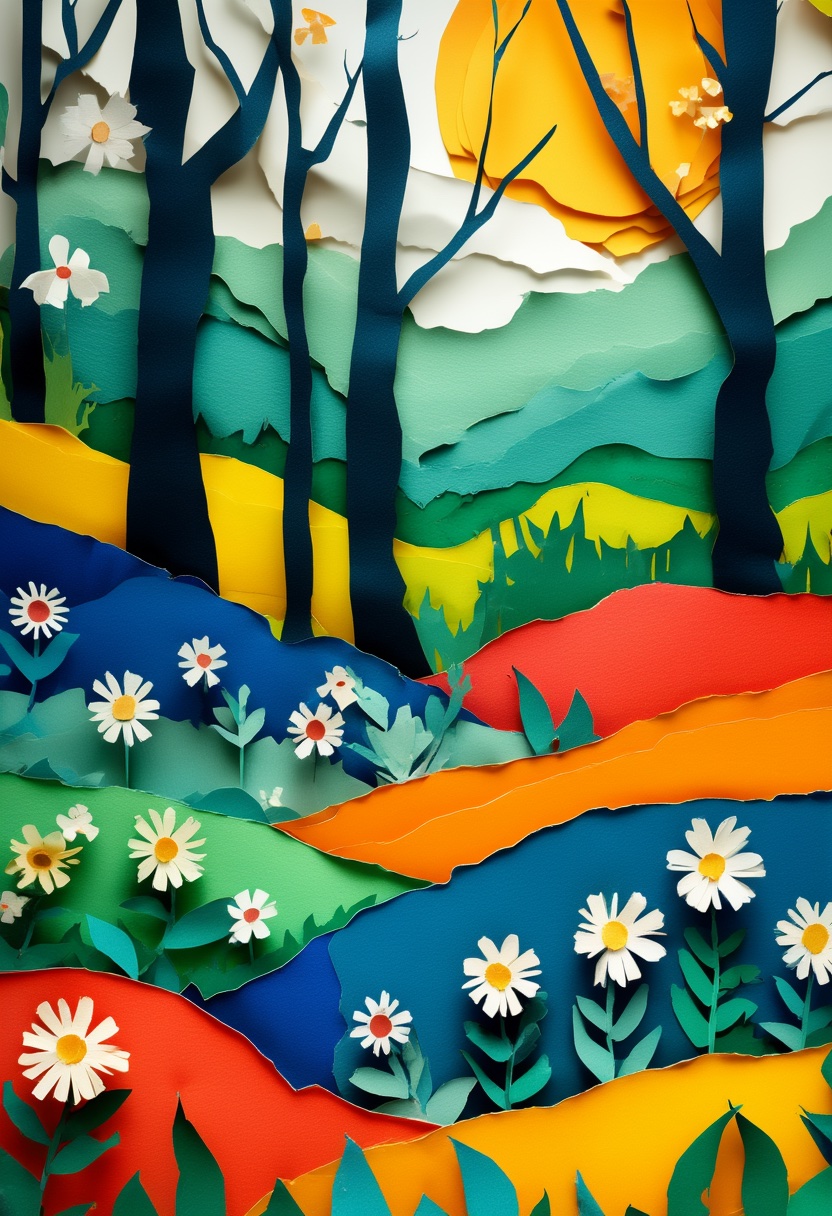 Vibrant Cut-Paper Forest Glade — Just Because cut-paper-style greeting card