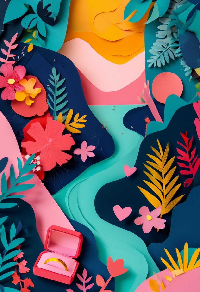 Vibrant Cut-Paper Love Nest — Marry Me cut-paper-style greeting card