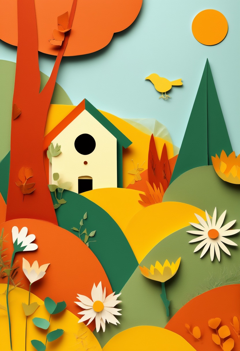 Vibrant Cut-Paper Meadow Scene — New Home cut-paper-style greeting card