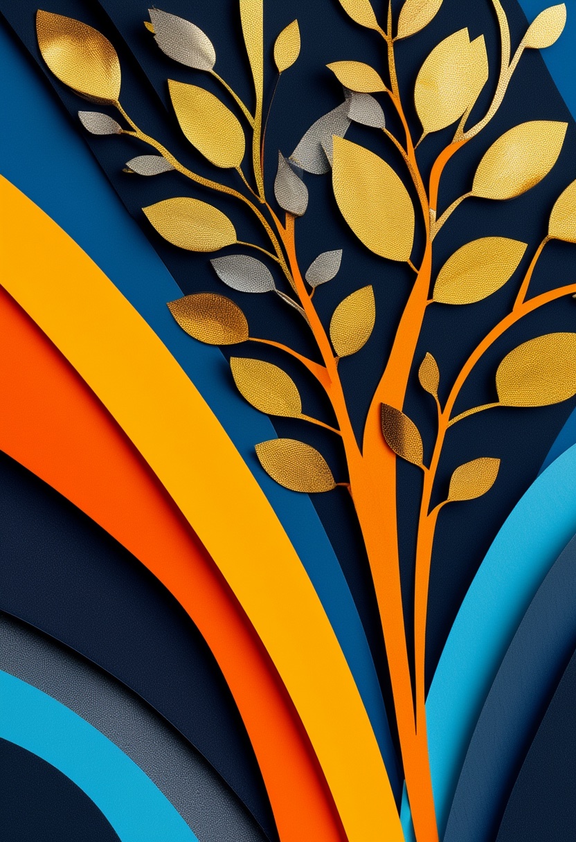 Vibrant Cut-Paper Tree Bloom — New Year's Day cut-paper-style greeting card