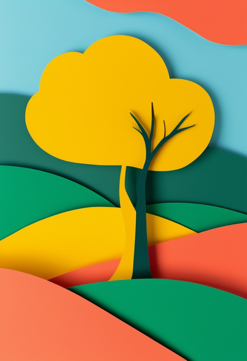 Árbol vibrante en pradera ventosa hecho de recortes de papel — Encouragement