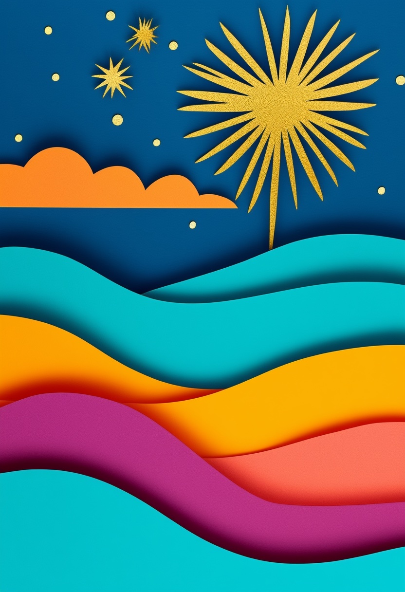 Vibrant Fireworks Night — Celebration cut-paper-style greeting card