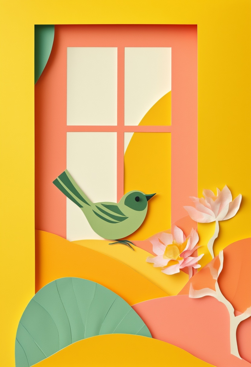 Vibrant Garden Bird Perch — Get Well cut-paper-style greeting card