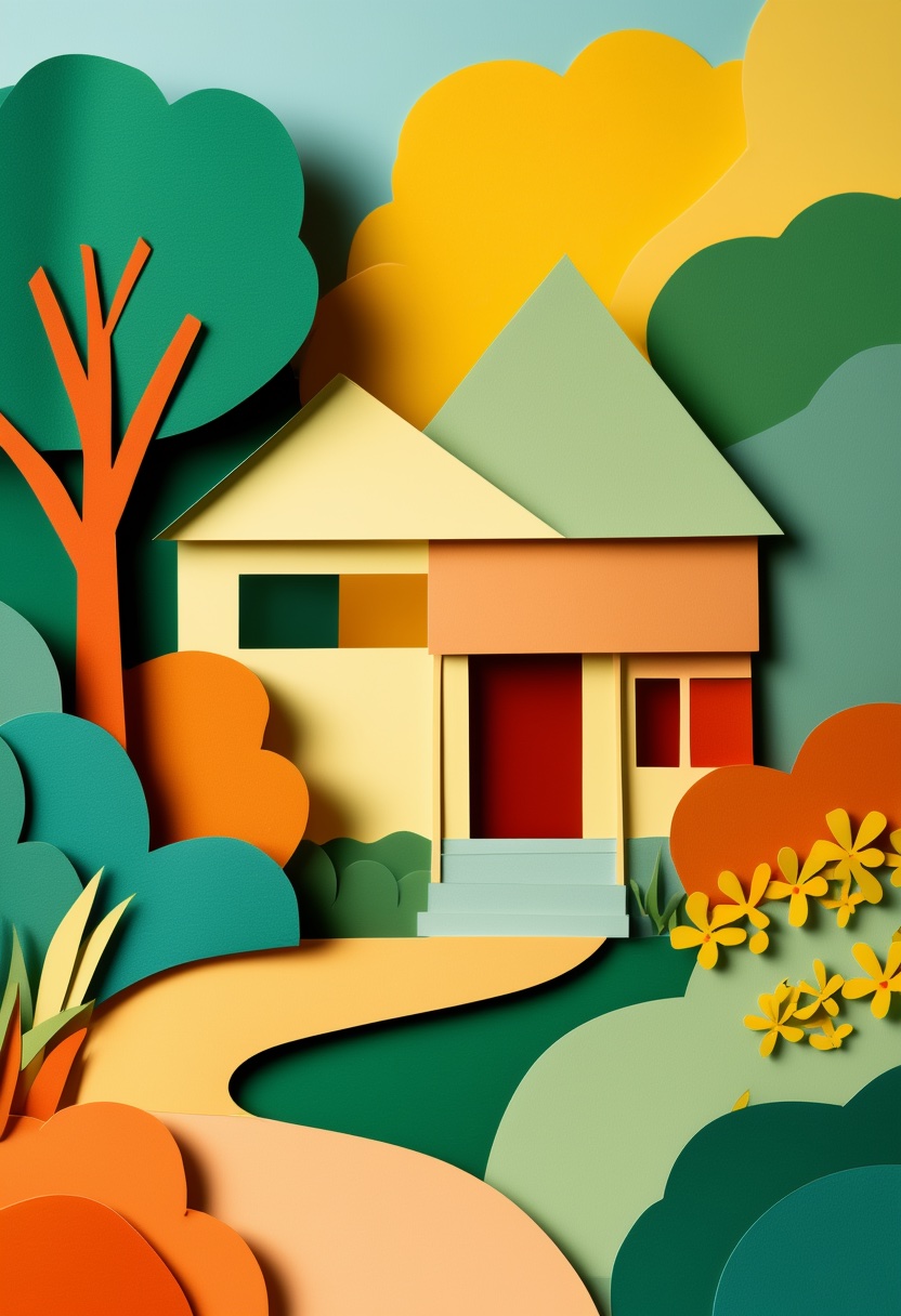 Vibrant Garden Path Home — New Home cut-paper-style greeting card