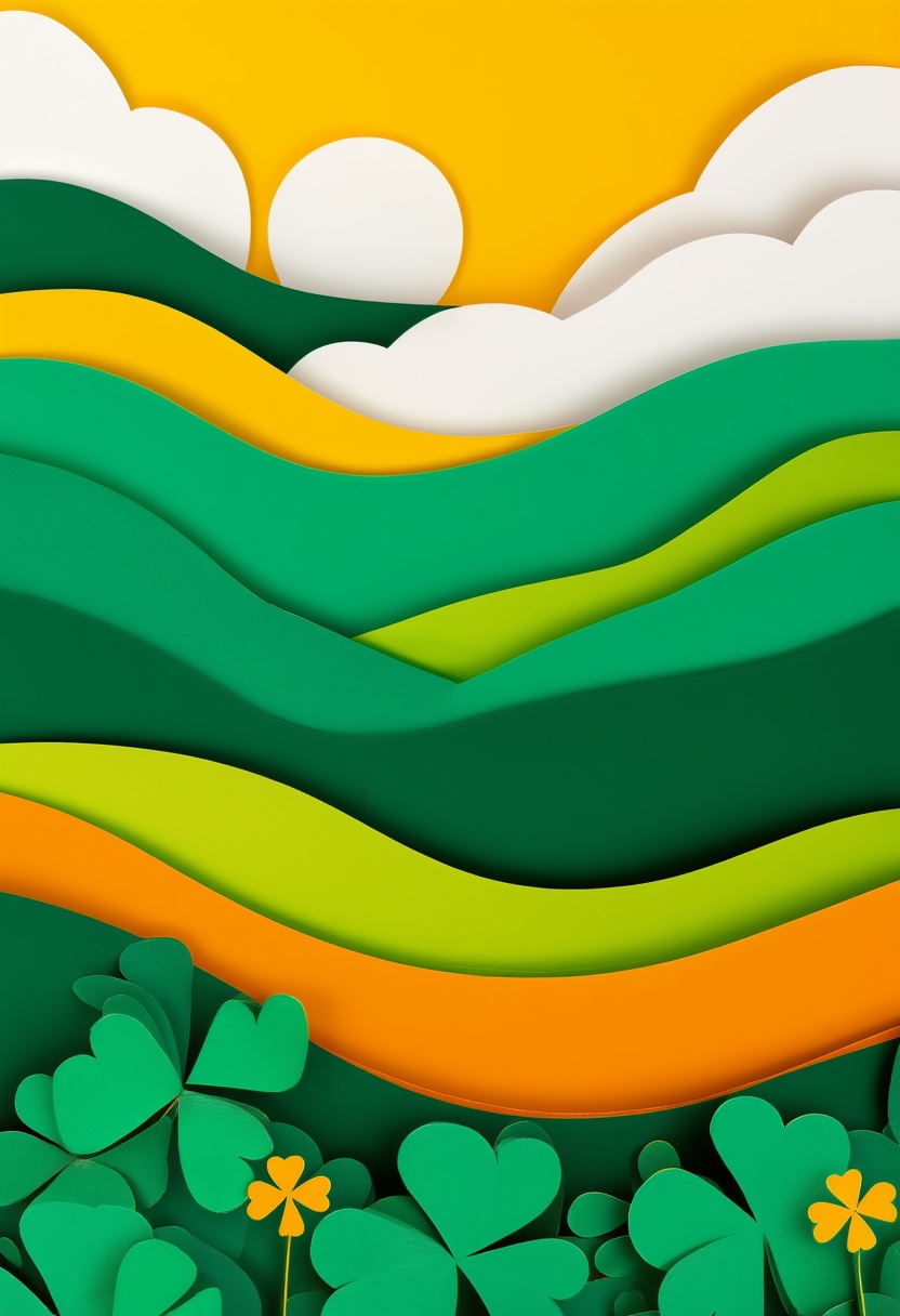 Vibrant Green Hills Sunlit — St. Patrick's Day cut-paper-style greeting card