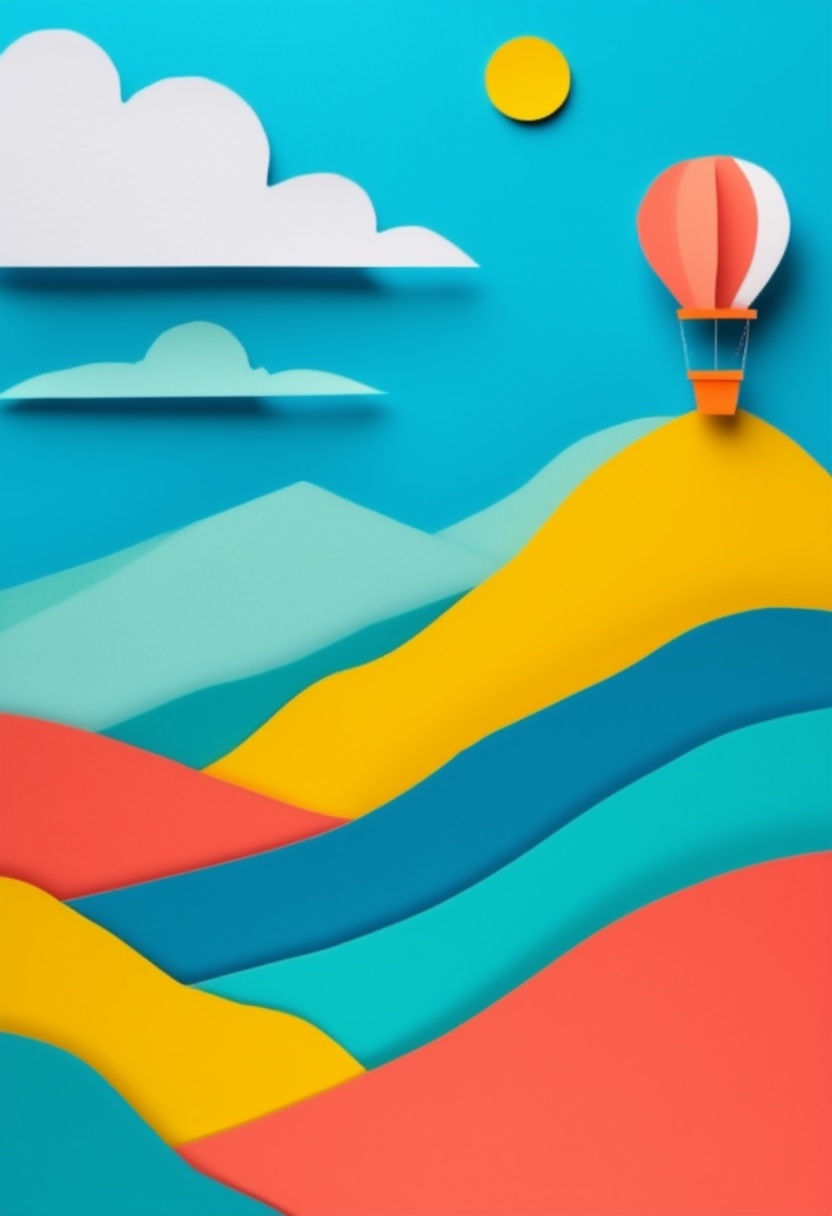 Vibrant Hot Air Balloon Ascend — Bon Voyage cut-paper-style greeting card