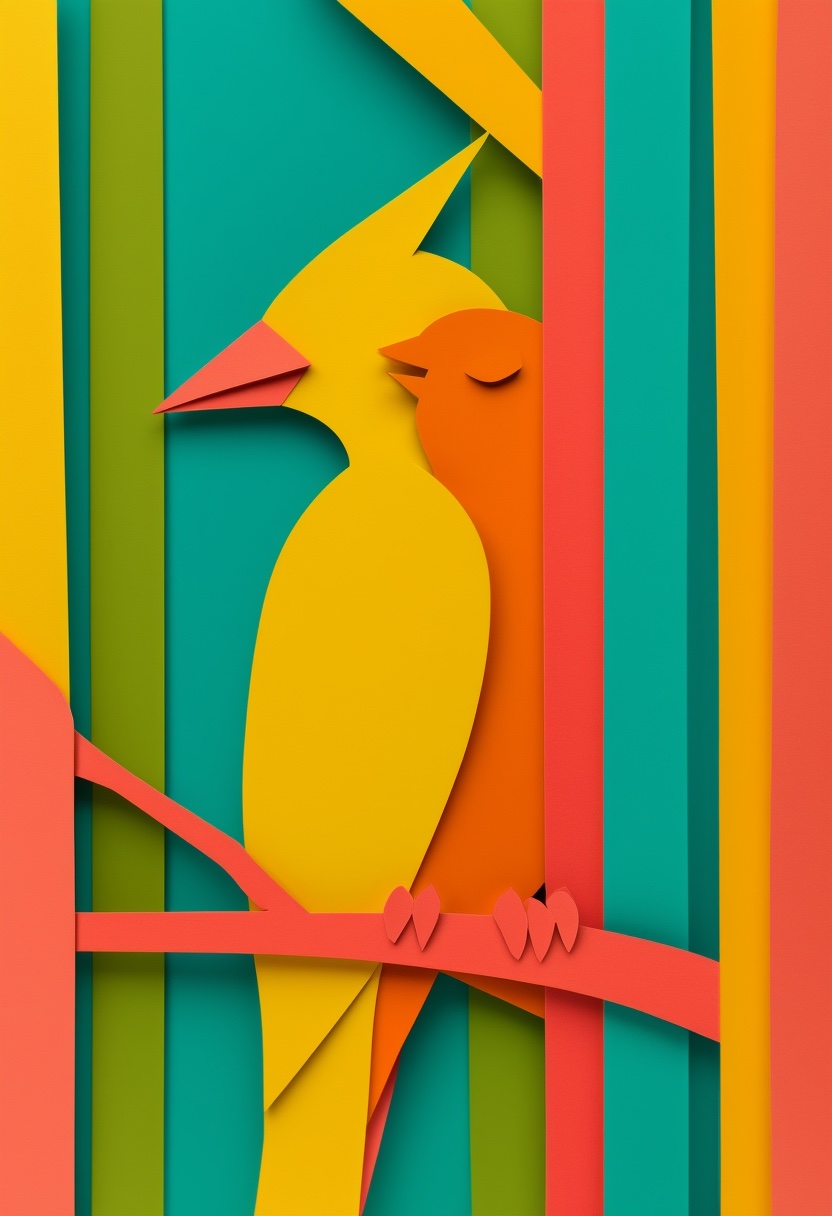 Vibrant Layered Birds Embrace — Friendship cut-paper-style greeting card