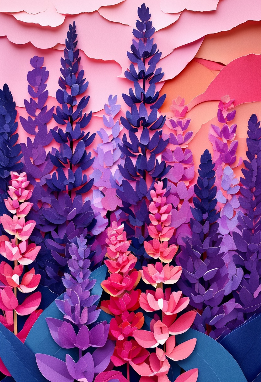 Vibrant Lupine Field — Just Because cut-paper-style greeting card