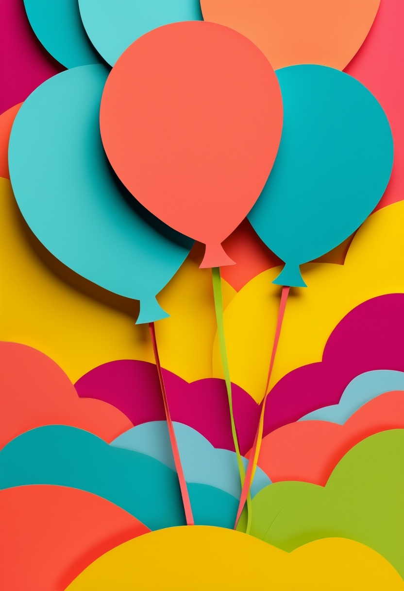 Vibrant Paper Balloons Cluster — Fun cut-paper-style greeting card