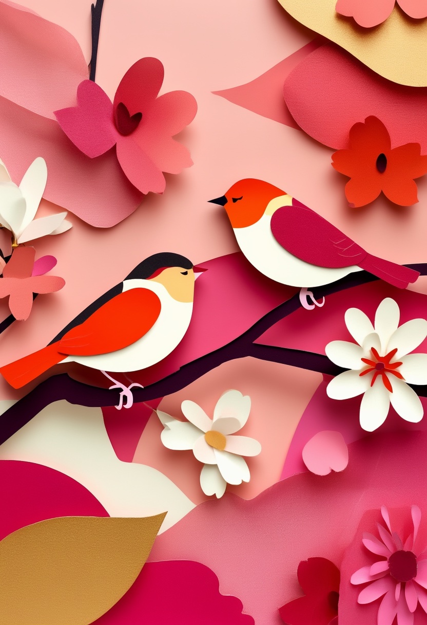 Lebhafte Papiervögel zwischen floralen Schichten — Valentine's Day