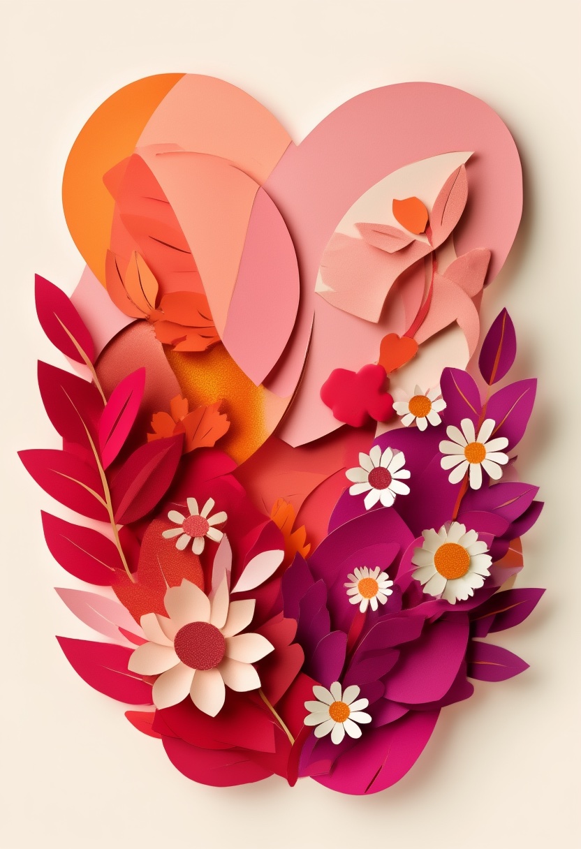 Vibrant Paper Bloom Heart — Valentine's Day cut-paper-style greeting card