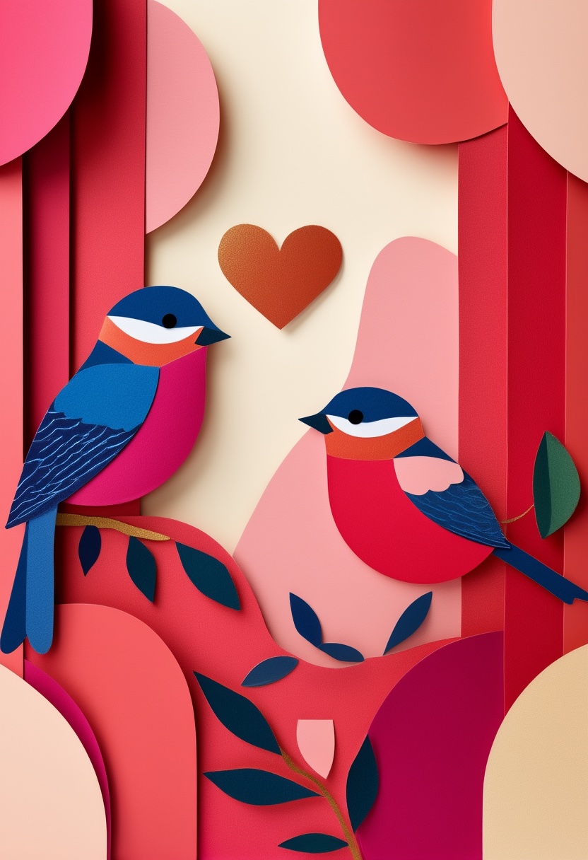 Vibrant Paper Bluebirds — Valentine's Day cut-paper-style greeting card