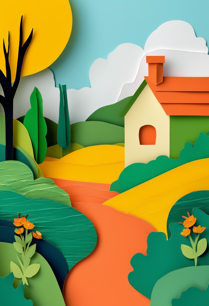 Vibrant Paper Cut Garden Path — New Home cut-paper-style greeting card