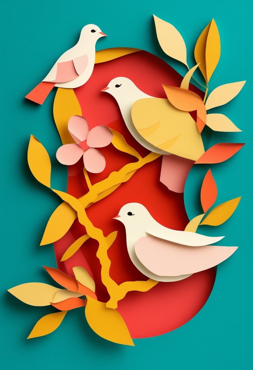 Vibrant Paper Doves Anniversary — Anniversary cut-paper-style greeting card