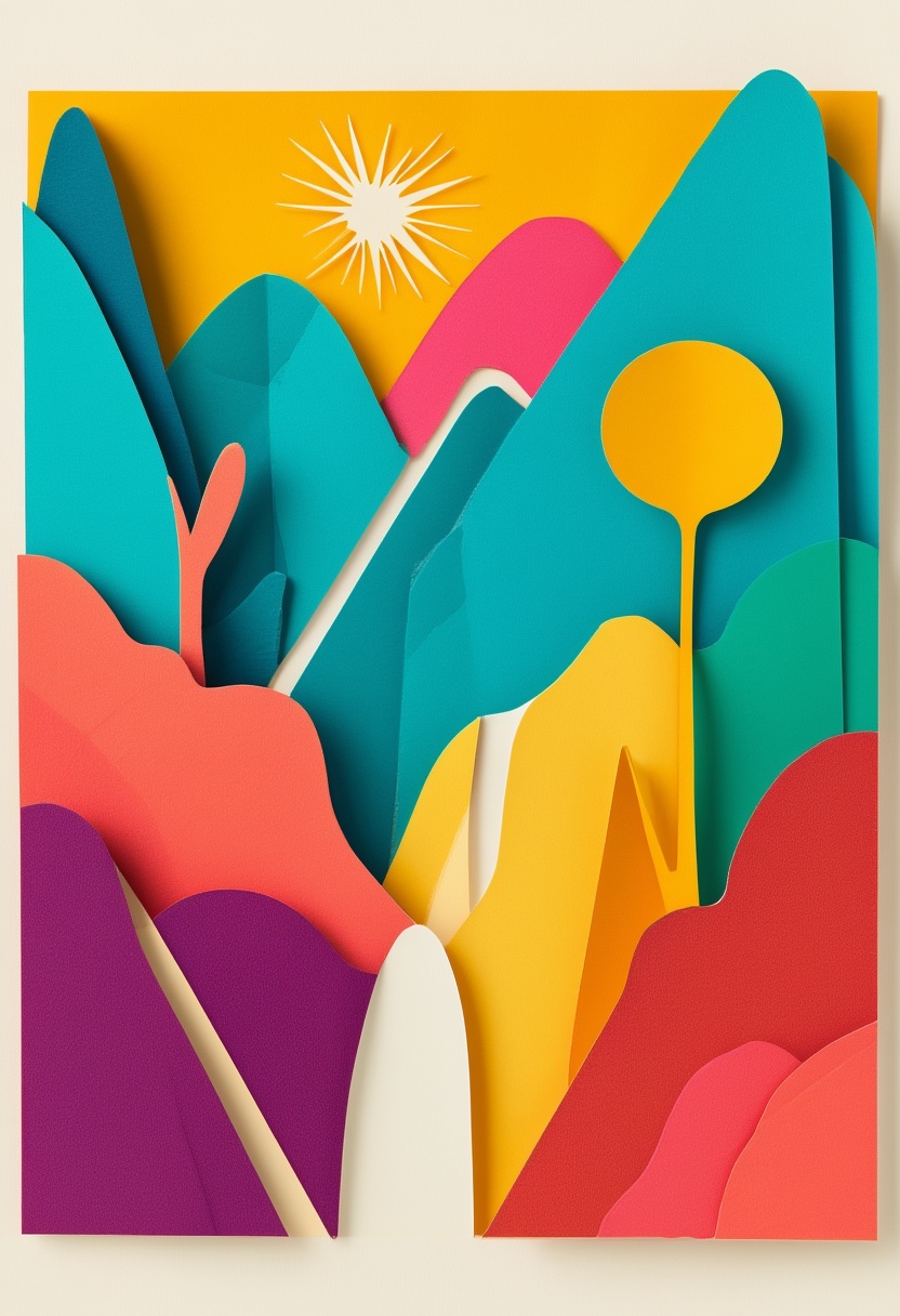 Vibrant Paper Mountain Sunrise — Congratulations cut-paper-style greeting card