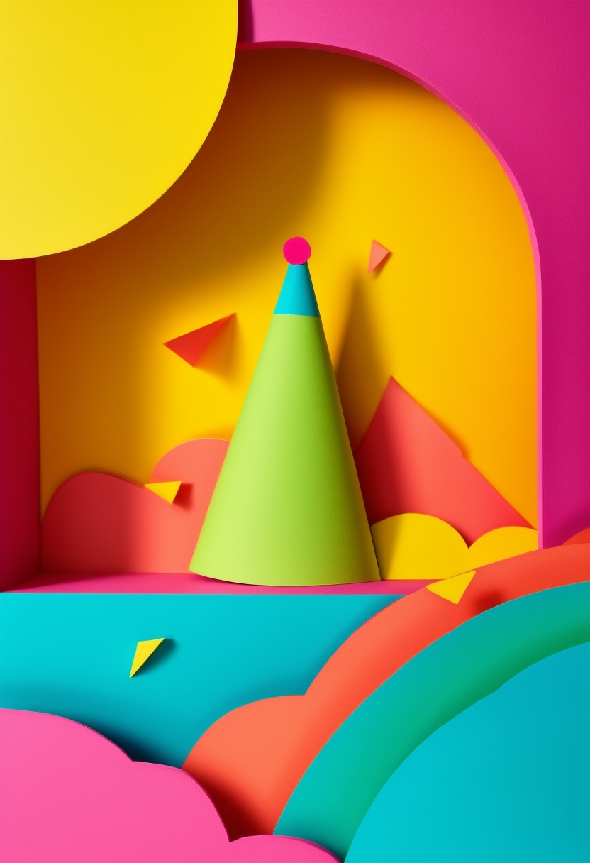 Vibrant Party Hat Celebration — Birthday cut-paper-style greeting card