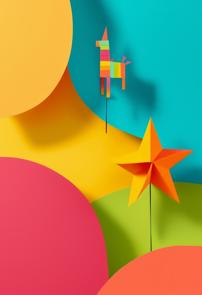 Vibrant Piñata Star Celebration — Birthday cut-paper-style greeting card
