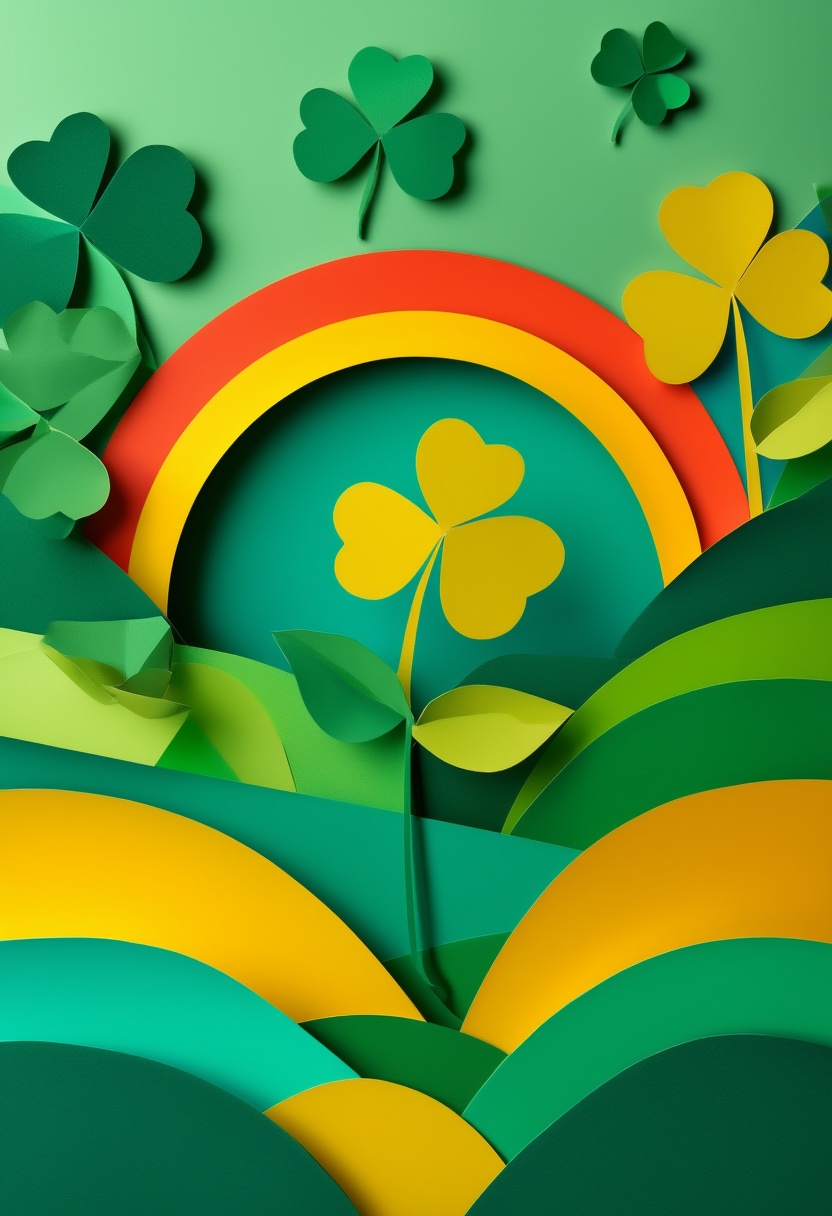Vibrant Rainbow & Four-Leaf Clovers — St. Patrick's Day cut-paper-style greeting card