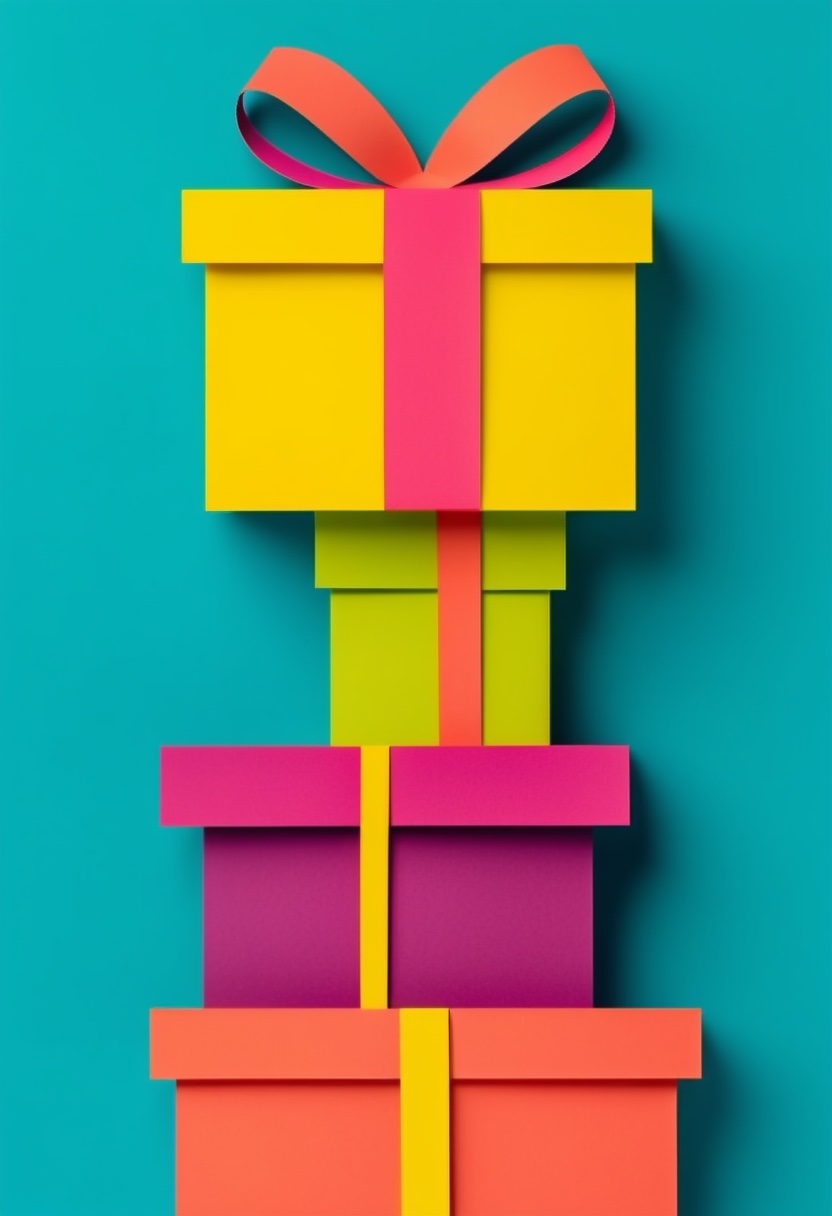 Vibrant Stacked Gifts — Birthday cut-paper-style greeting card