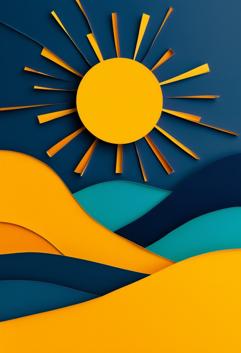 Vibrant Sunburst Over Wavy Terrain — Graduation cut-paper-style greeting card