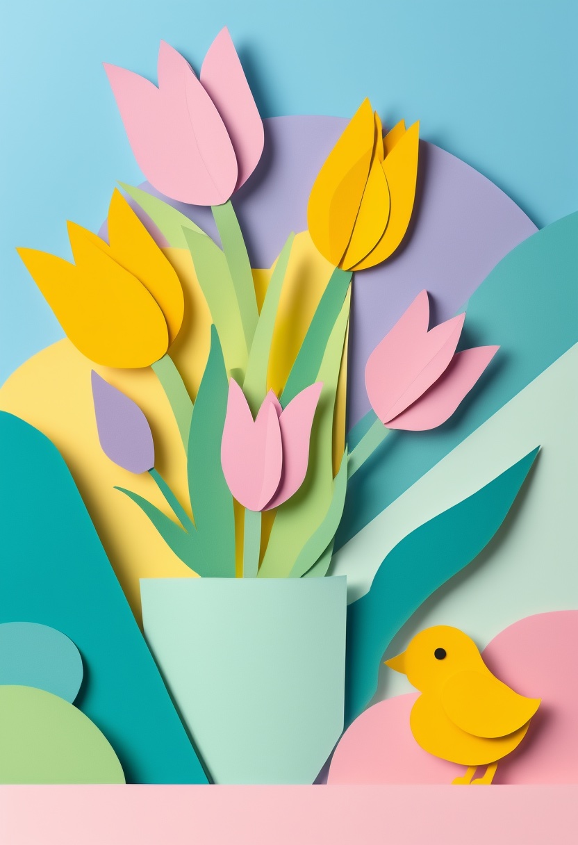 Vibrant Tulip Basket Spring — Easter cut-paper-style greeting card