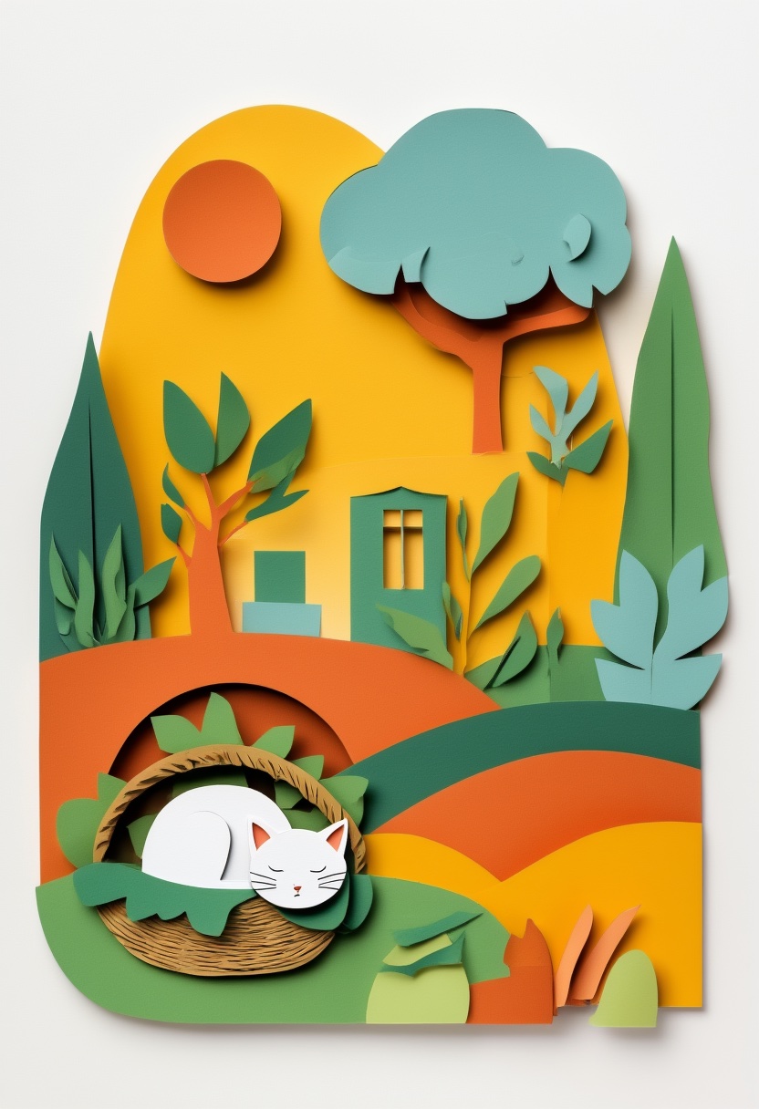 Whimsical Garden Cat Slumber — New Home cut-paper-style greeting card