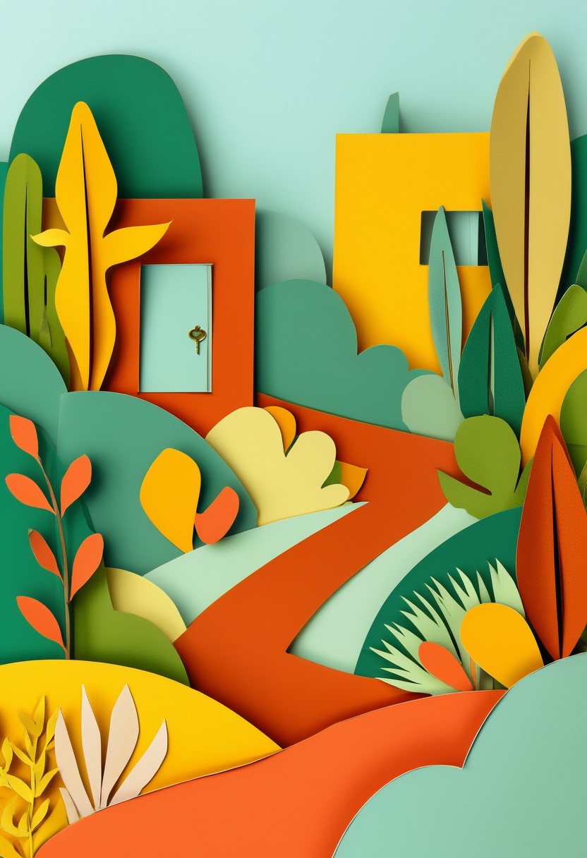 Whimsical Garden Pathway Home — New Home cut-paper-style greeting card