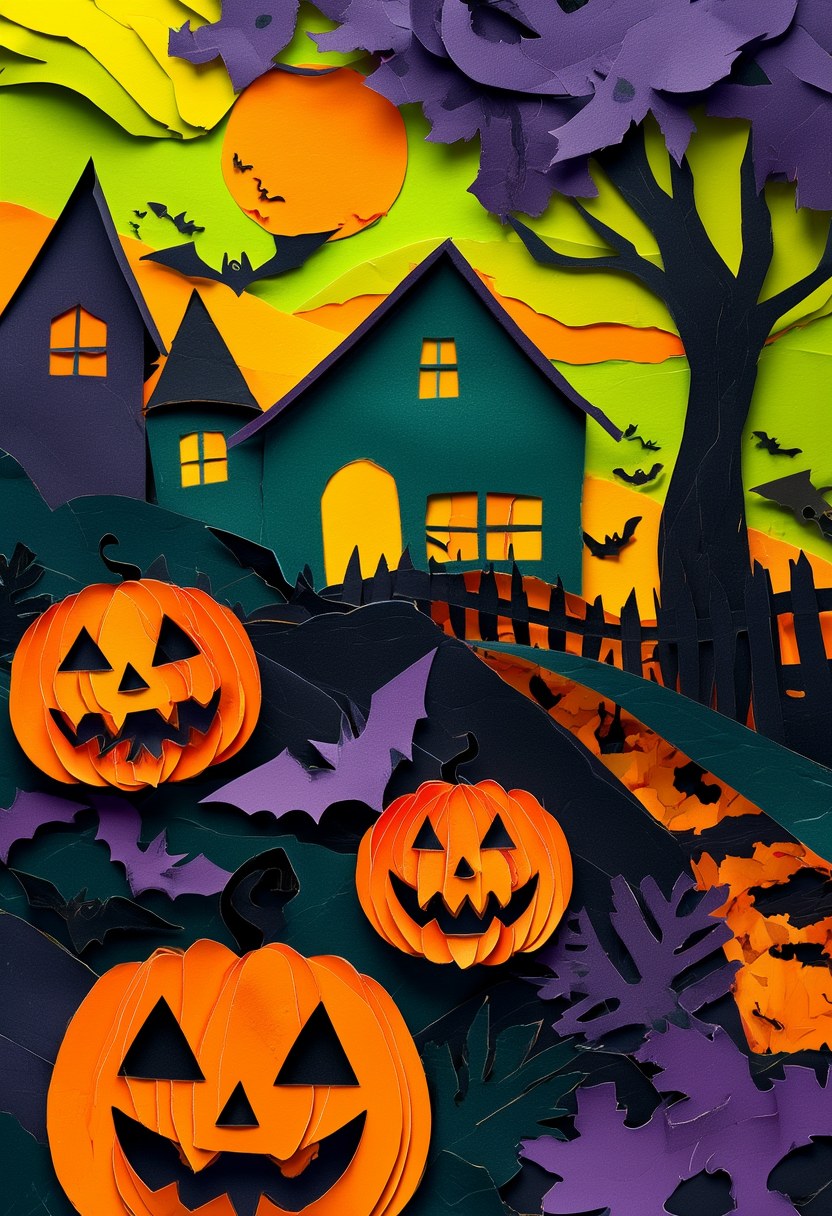 Whimsical Halloween Nightscape — Halloween cut-paper-style greeting card