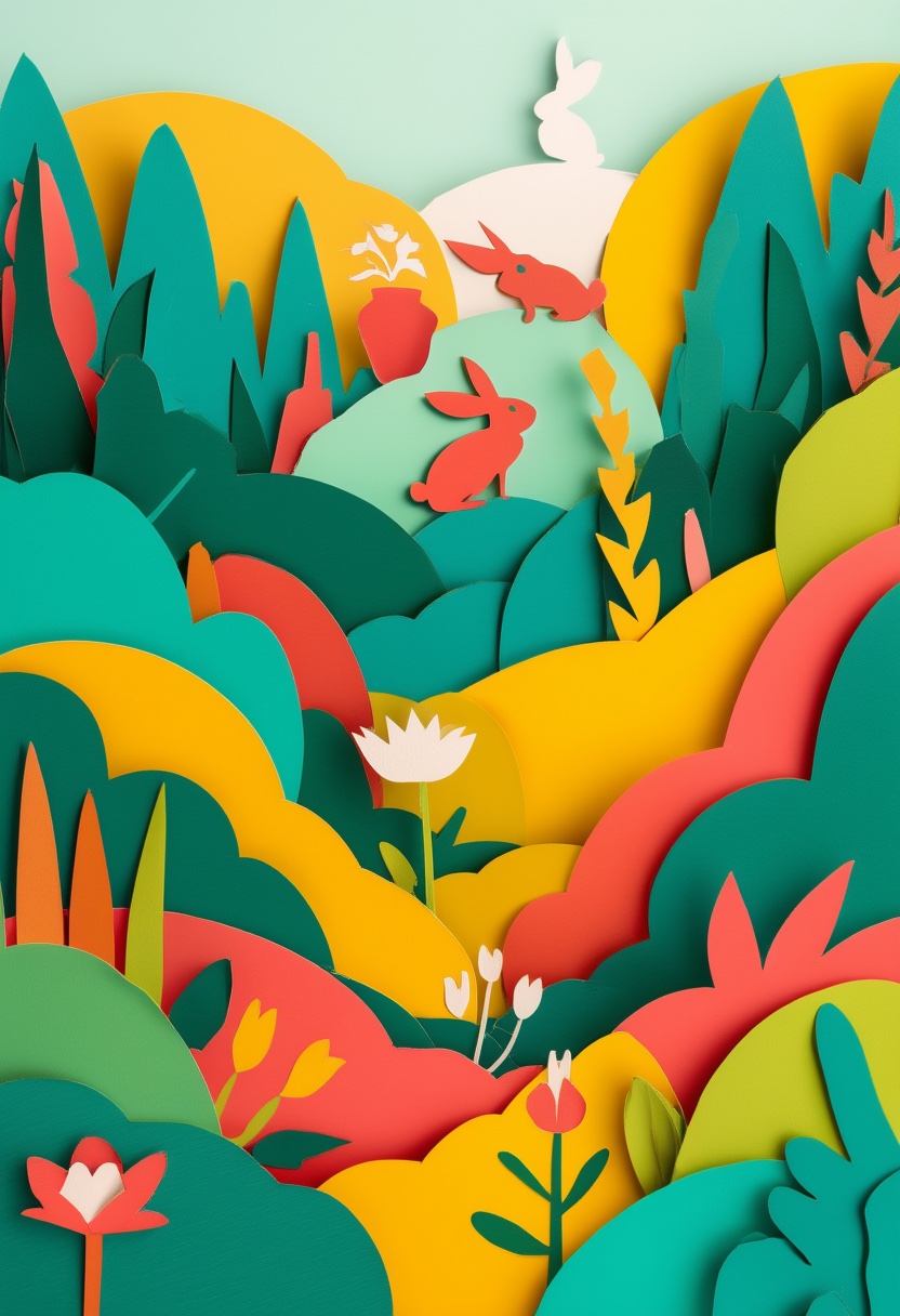 Whimsical Meadow Rabbits Spring — Friendship cut-paper-style greeting card
