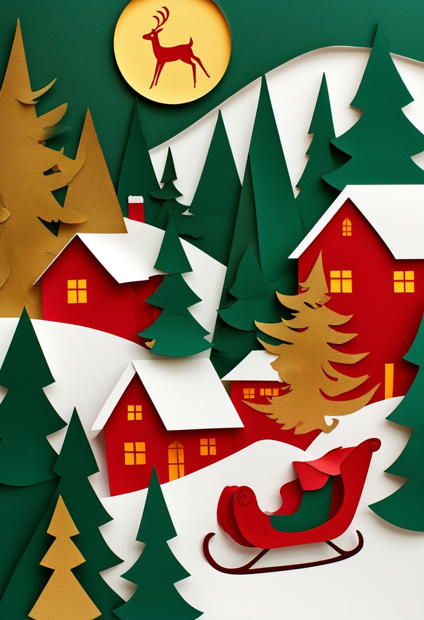 Whimsical Winter Woodland — Christmas cut-paper-style greeting card